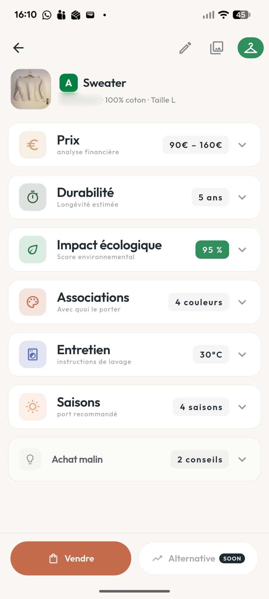 Fiche d'un pull scanné dans NuYo : note A, prix, solidité estimée, coût environnemental, associations, entretien, saisons