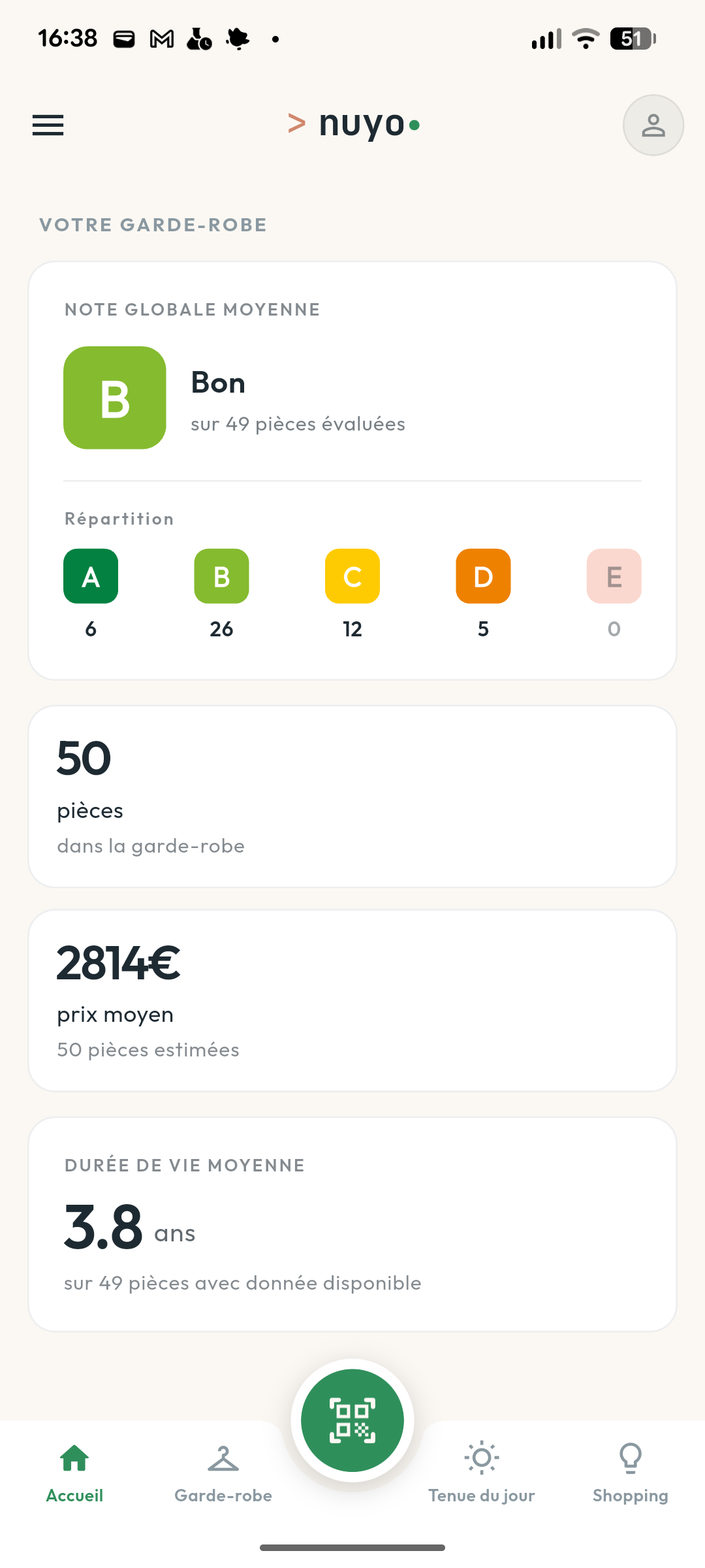 Tableau de bord de la garde-robe dans l'application NuYo